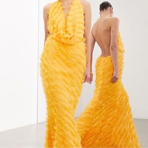 asos yellow backless dress ASOS DESIGN backless detail mesh maxi dress with train sash in lemon